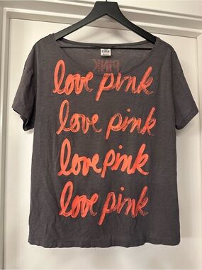 Victoria's Secret PINK Gray Tee with Coral Graphic off the shoulder